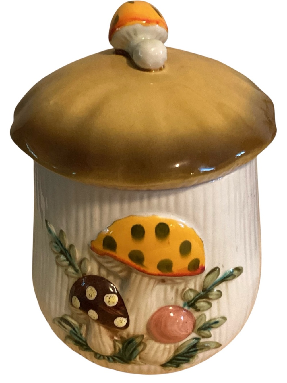Sears Ceramic Mushroom Canister in Yellow, Brown and Cream